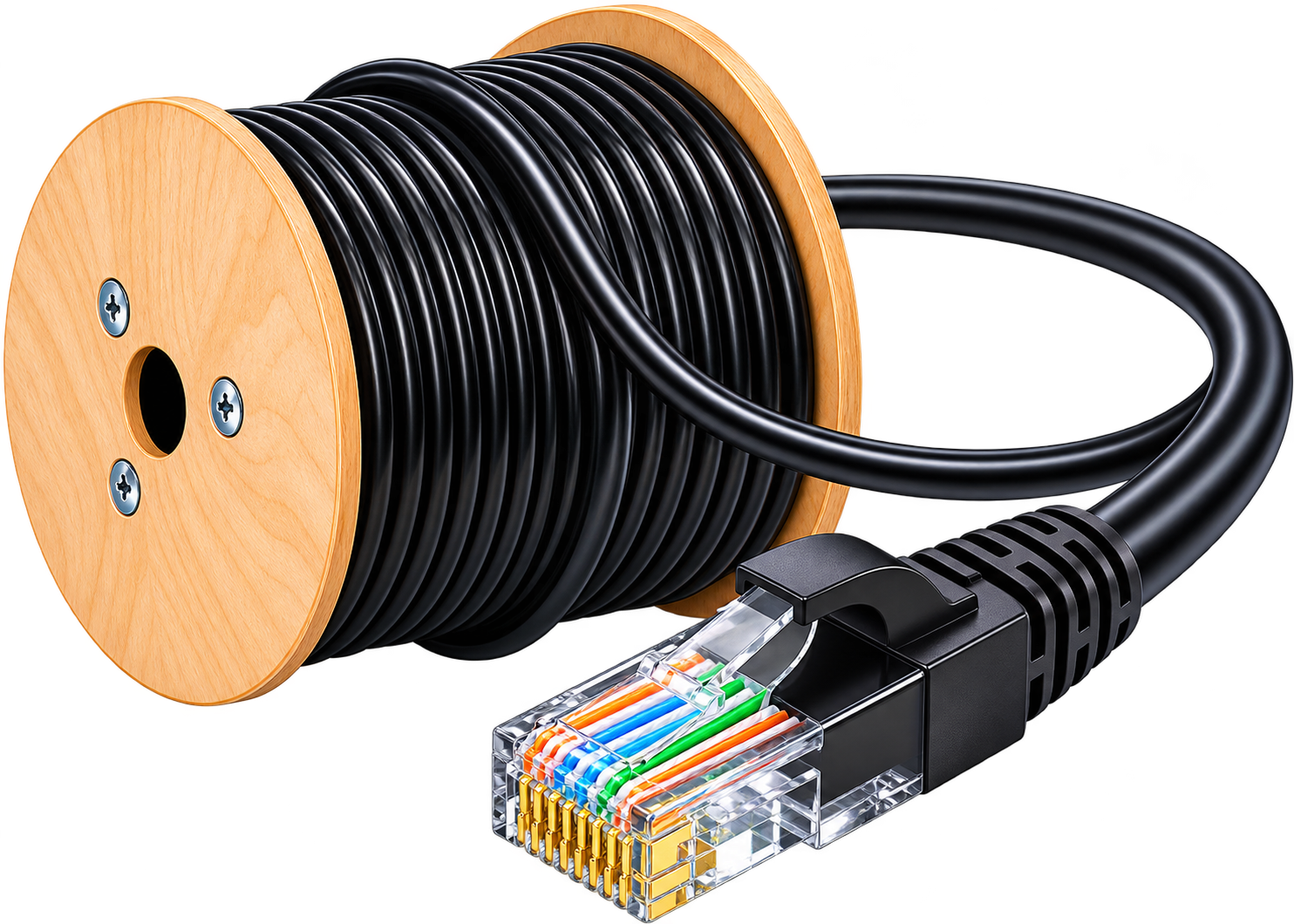 Black Ethernet cable reel with RJ45 connector